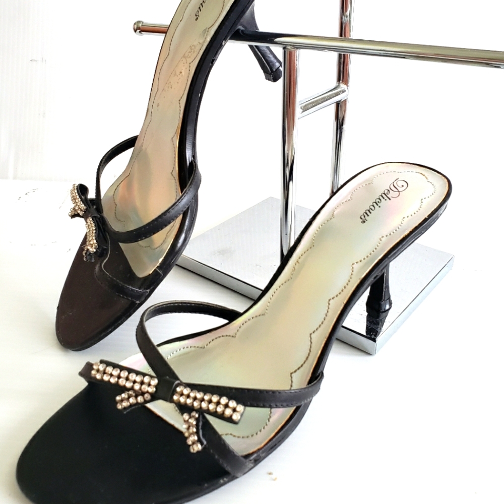 Elegant Black Heeled Sandals with Rhinestone Bow by Delicious